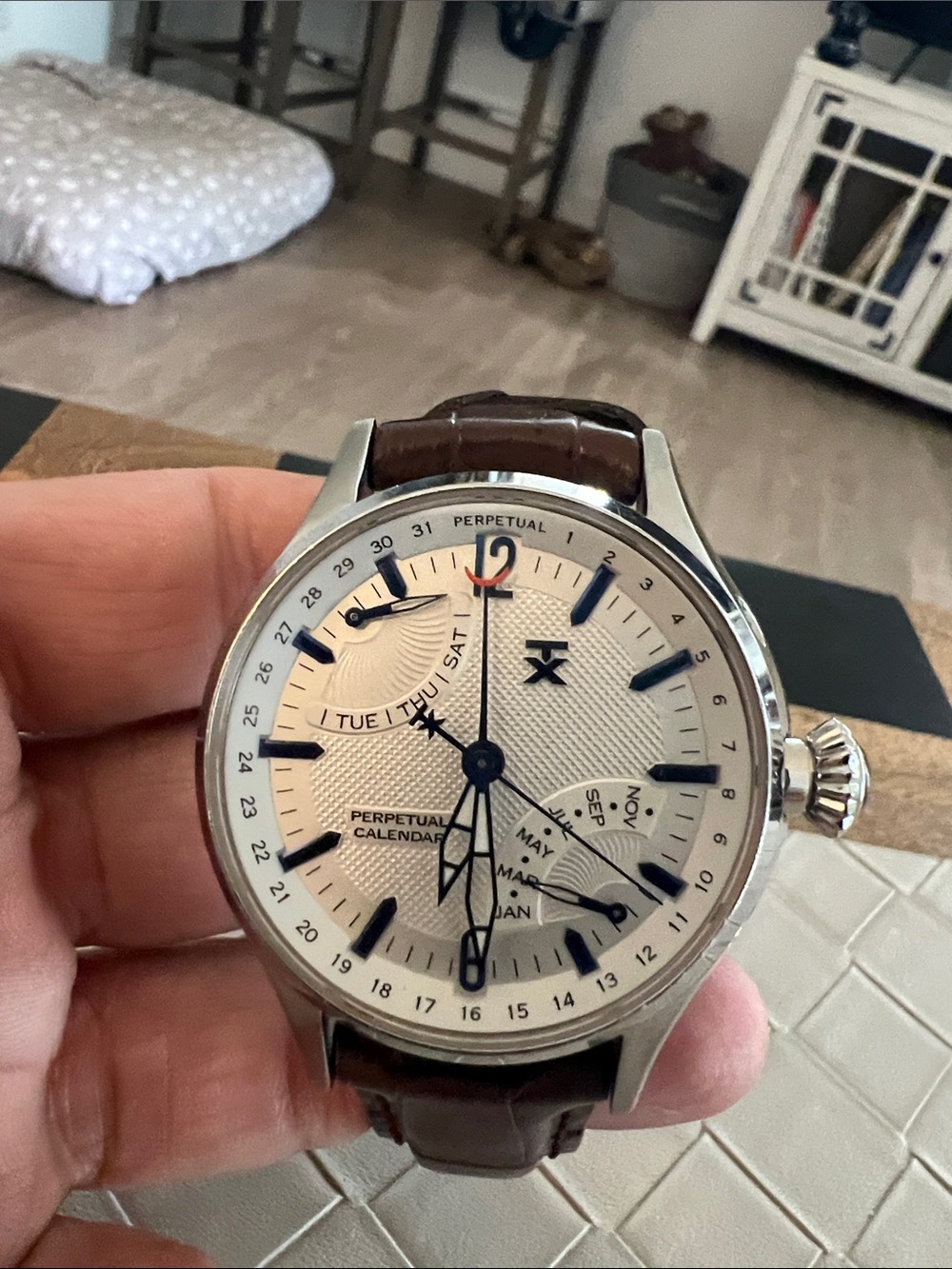 TX Silver Dial Perpetual Calendar Men's Watch - Brown Strap